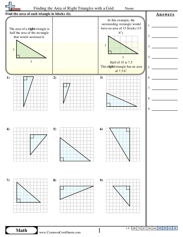 6.g.1 Worksheets - Finding the Area of Right Triangles with a Grid worksheet